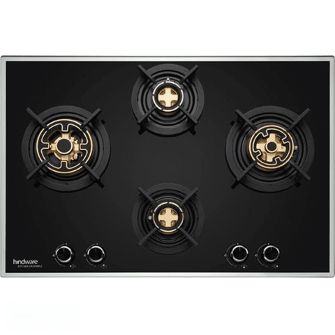 Hindware Hob, ANGELA 4B 76 CM4 Burner 76 cm Auto Ignition Mirror Finished Glass Top Brass Burner 1 Medium +2 Big + 1 Small Gas Stove (Black) Buy only at ₹35990