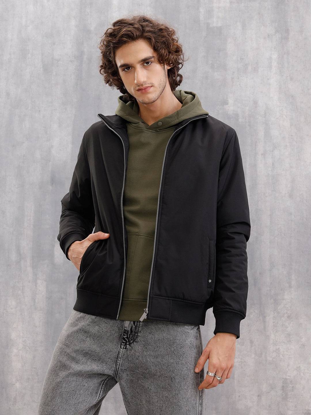 Solid Casual Bomber Jacket With Branding  | Black