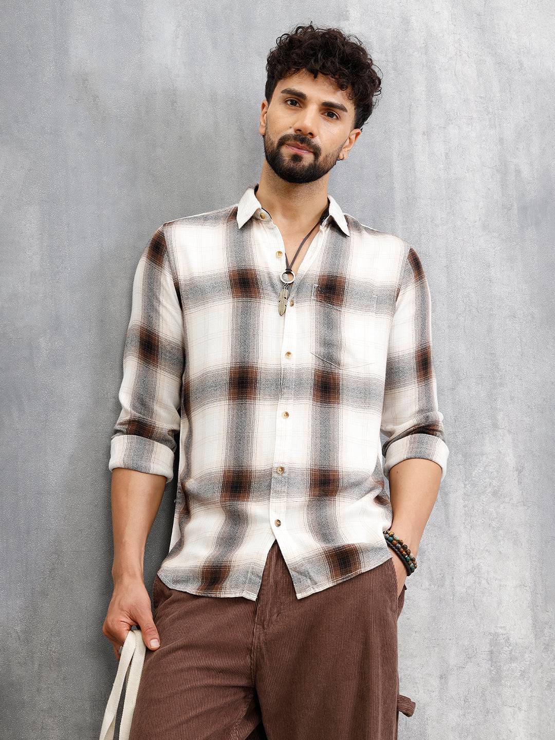 Large Scale Check Shirt In Crepe Fabric | Khaki
