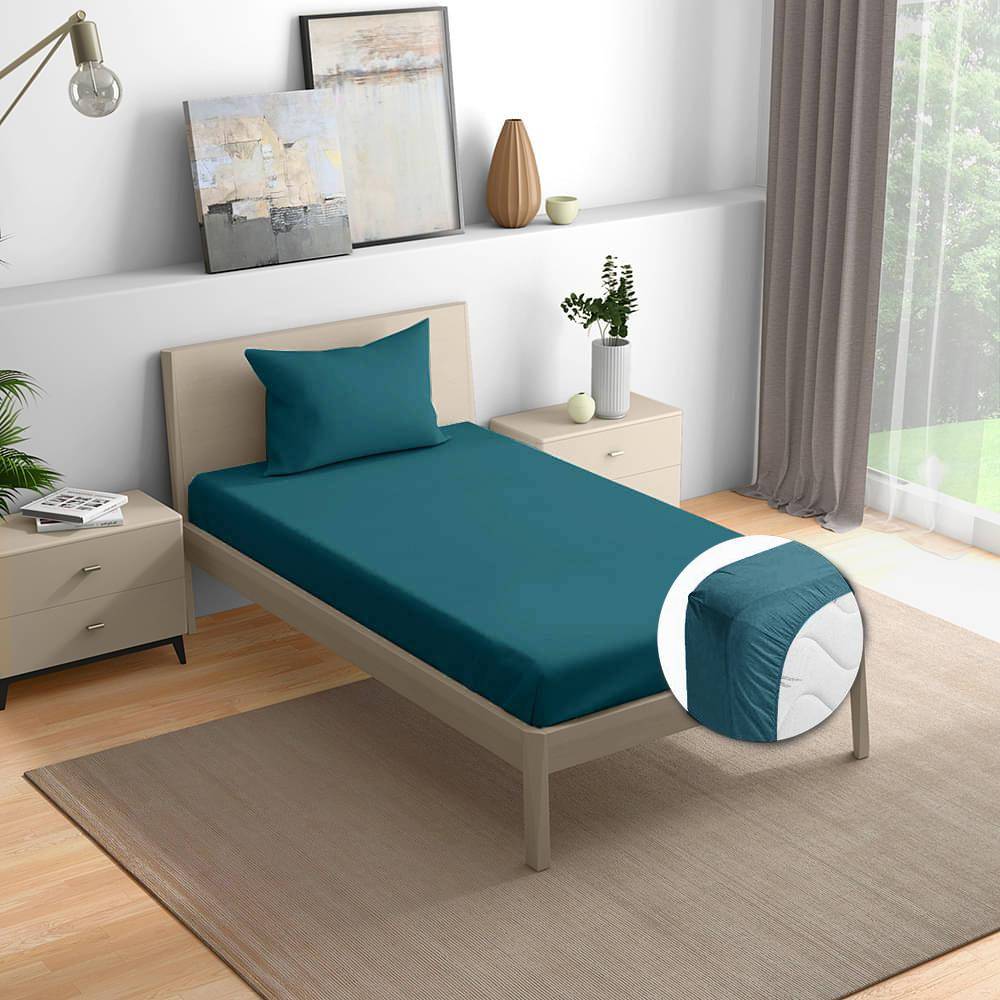 100% Cotton 200 TC Fitted Bedsheet With 1 Pillow Cover | Peacock Blue (72x30 inch)