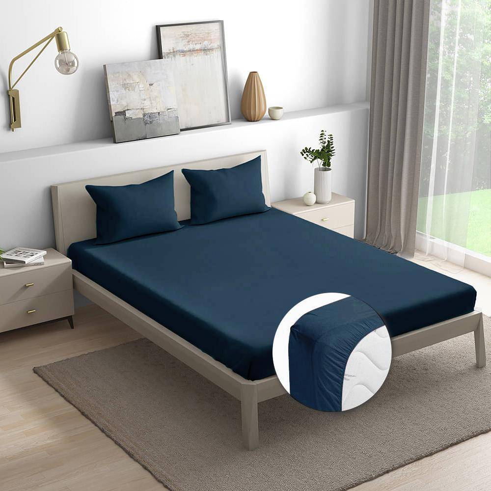100% Cotton 200 TC Fitted Bedsheet With 2 Pillow Covers | Navy Blue (78x60 inch)