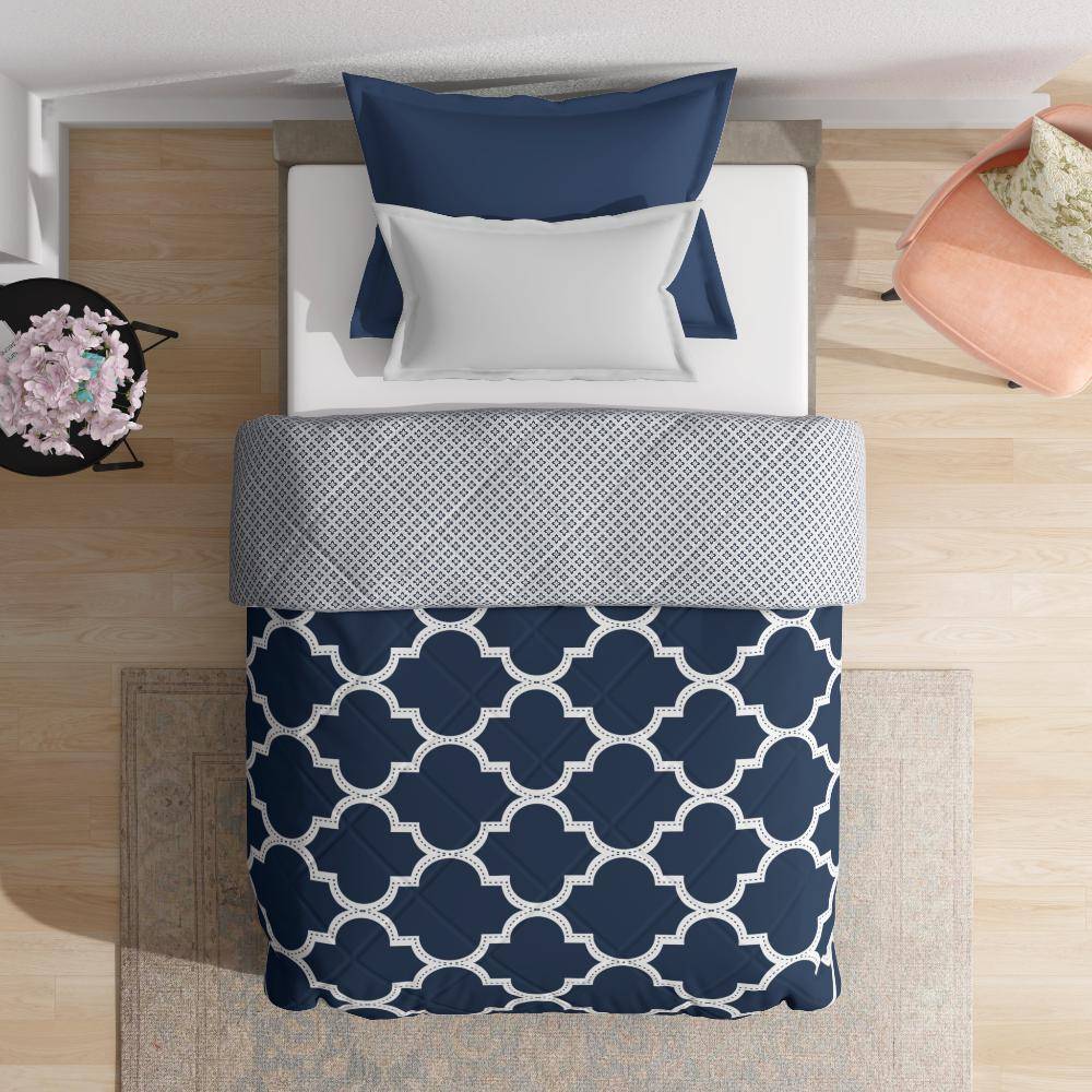 Luxurious Comforter | Single Bed (90x60 Inch) | 100% Cotton Fabric | 220 GSM | Siliconised Microfiber Filling | All Season & Reversible | Dark Blue & White