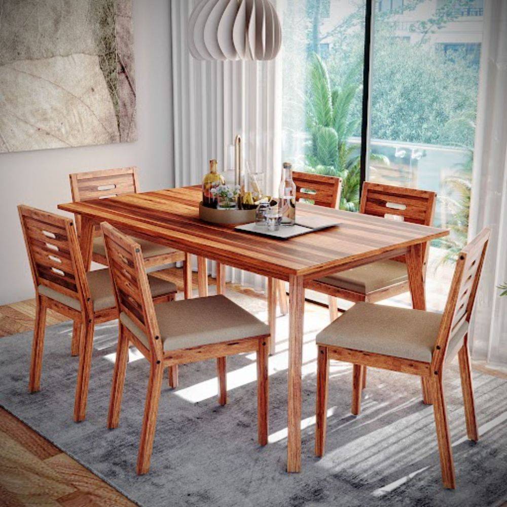 Simsim-Ginamon (6 seater) Sheesham (with Cushion-Omega Pearl)-Natural Sheesham Wood Dining Set