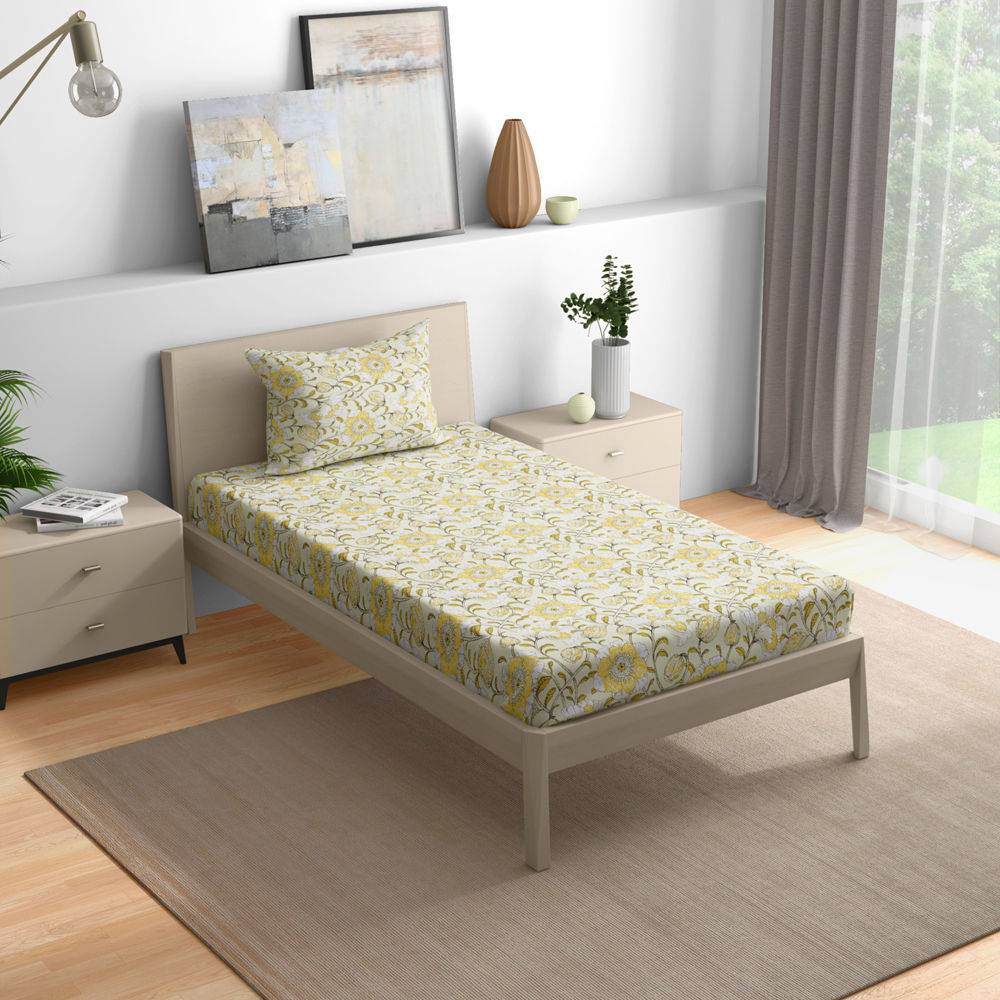 200 TC 100% Cotton Floral Single Bedsheet (90x60 Inches) / (2.29m*1.52m) with 1 Pillow Cover Free, Saaki (90x60 inch)