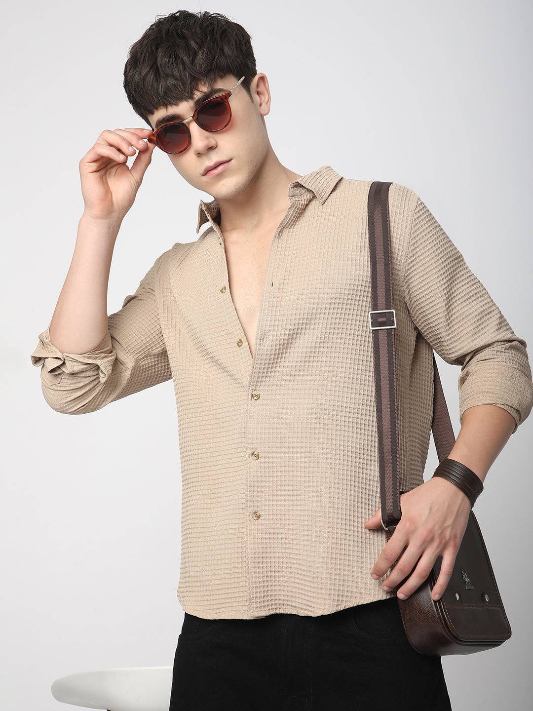 Beige Tiny Box Checkered Emboss Shirt Buy only at ₹659