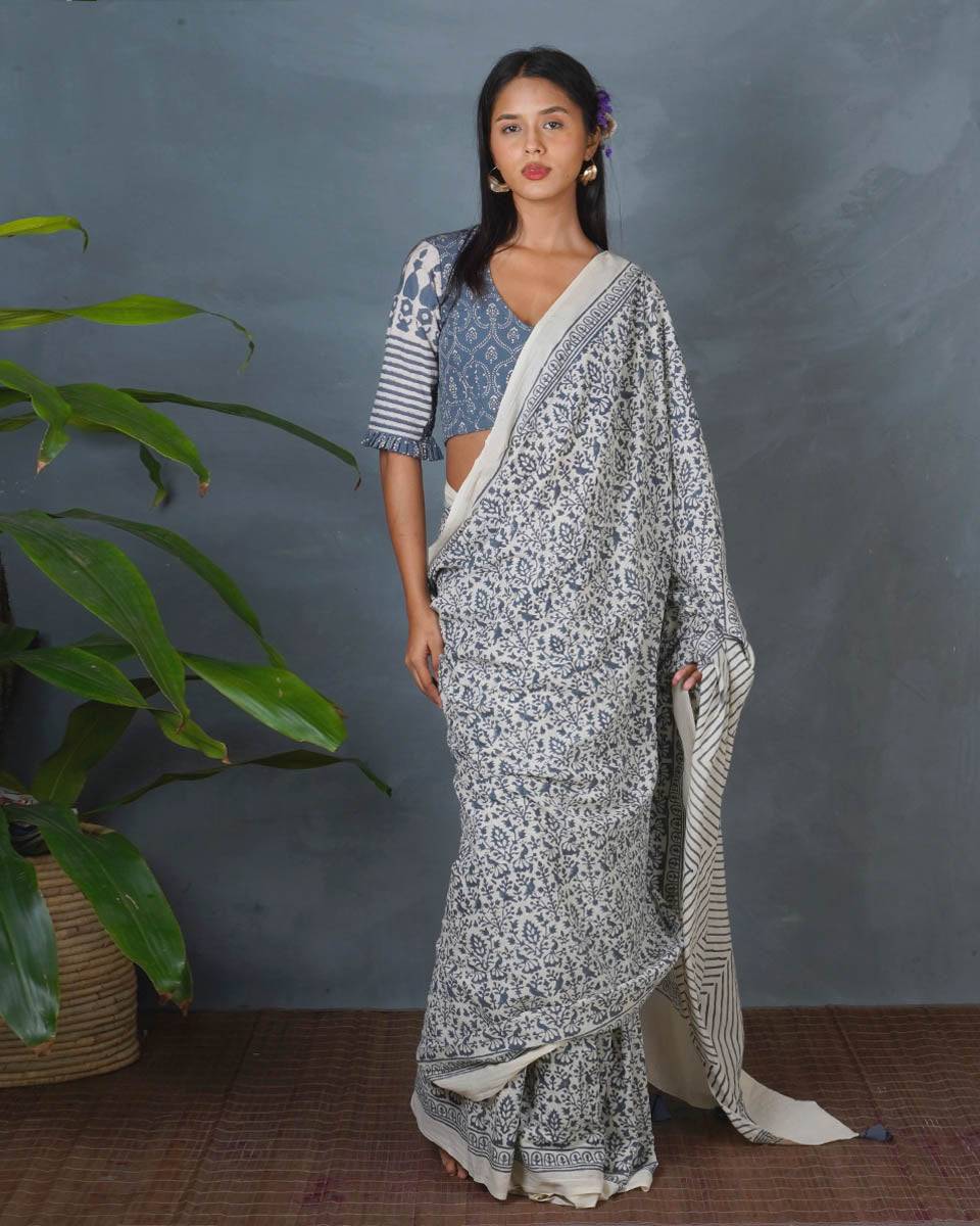 Haze Tide Ivory Block Printed Saree - BMS