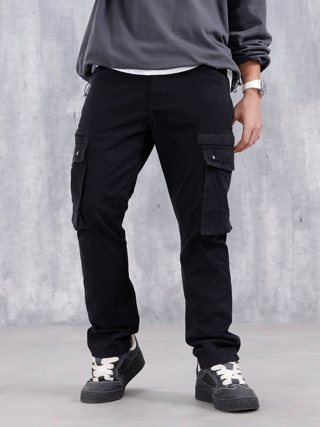 Straight Fit Cotton Twill Utility Trousers With Snap Pockets | Black