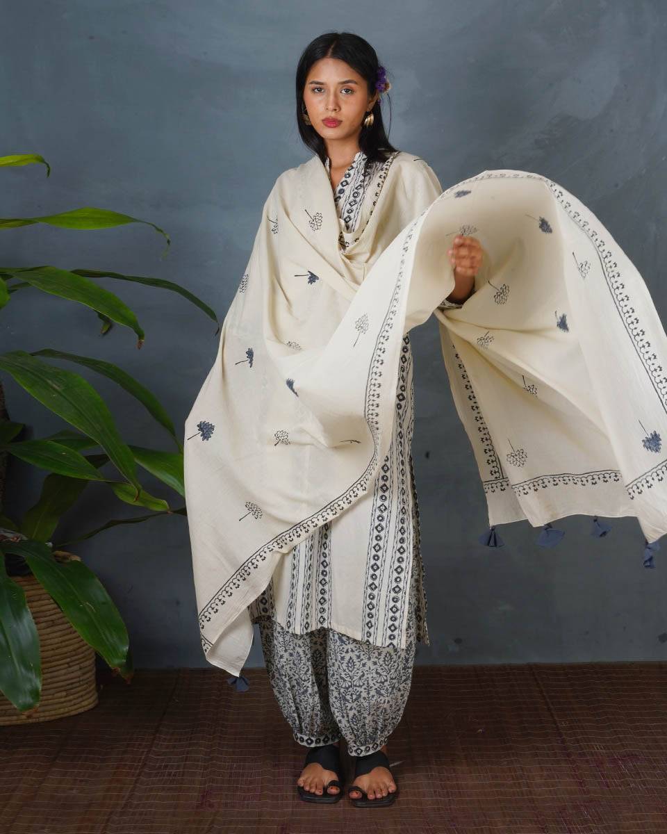Drifting Ash Ivory Block Printed Dupatta - BMS