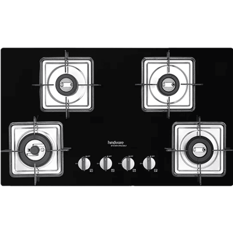 Hindware Hob , ROSIA PLUS 4B 76, 4 Burner 76 cm Auto Ignition Glass Top Full Brass Burners 2 Medium + 1 small +1 High (Black) Buy at only ₹18299