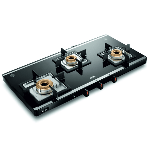 Glen Cooktop, 1035 4k Ultra SLIM MIRROR, 3 Burner 65 cm Manual Ignition Glass Top Brass Burners 3 Medium Gas Stove (Black) Buy at only ₹13999