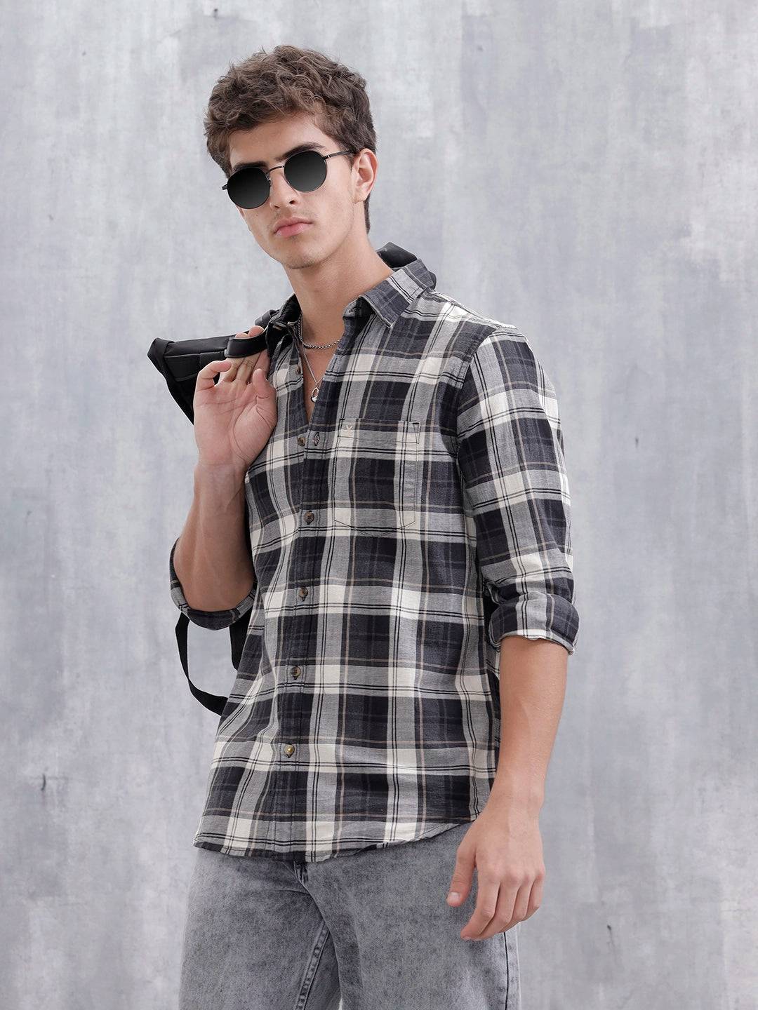 Mocklino Open Dobby Slim Fit Check Shirt | Grey