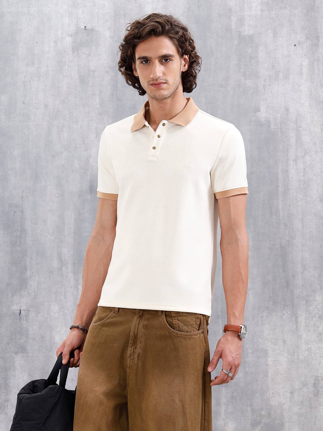 Men Slim Fit Polo Collar T-Shirt With Contrast Collar | Off White