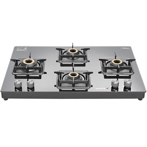 Sujata Cooktop Cross, 4 Burner Ultra-Thick Toughened Glass Top Brass Burner Gas Stove (Black) Buy at only ₹13899