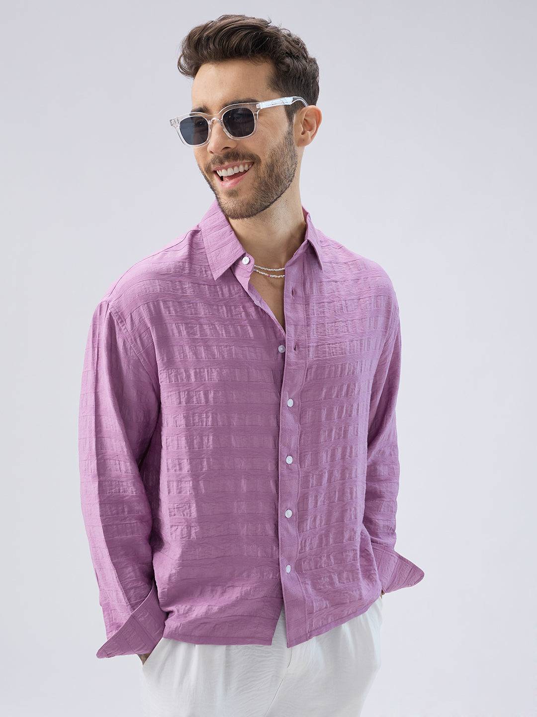Royal Hopbush Purple Horizontal Textured Crinkled Shirt Buy only at ₹759
