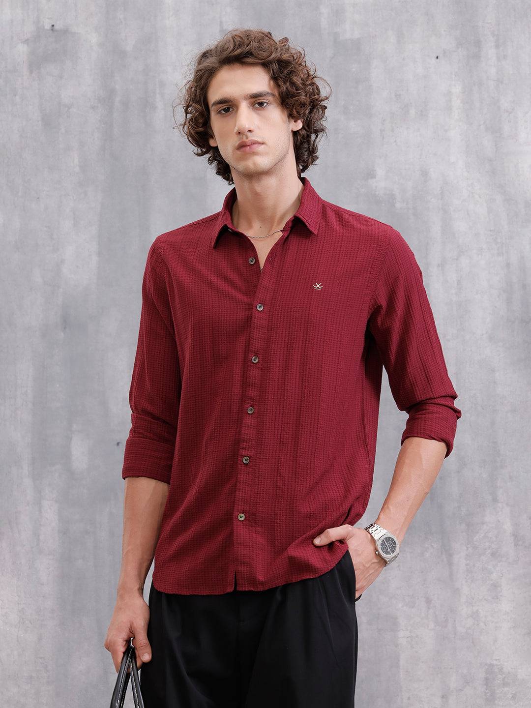 Modal Blend Seersucker Shirt In Slim Fit | Dark Maroon