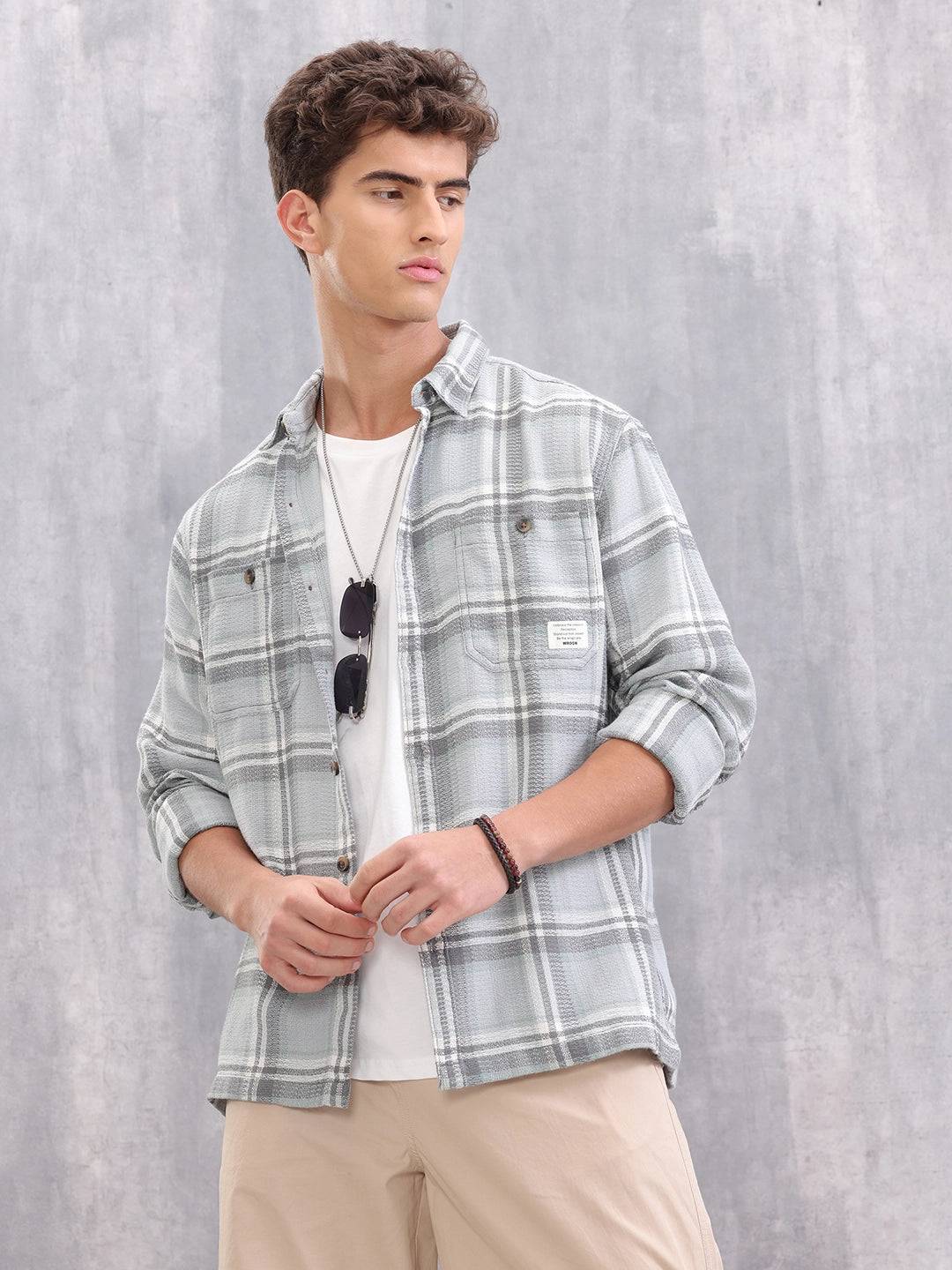 Comfort Fit Double Pocket Checks Shirt I Grey