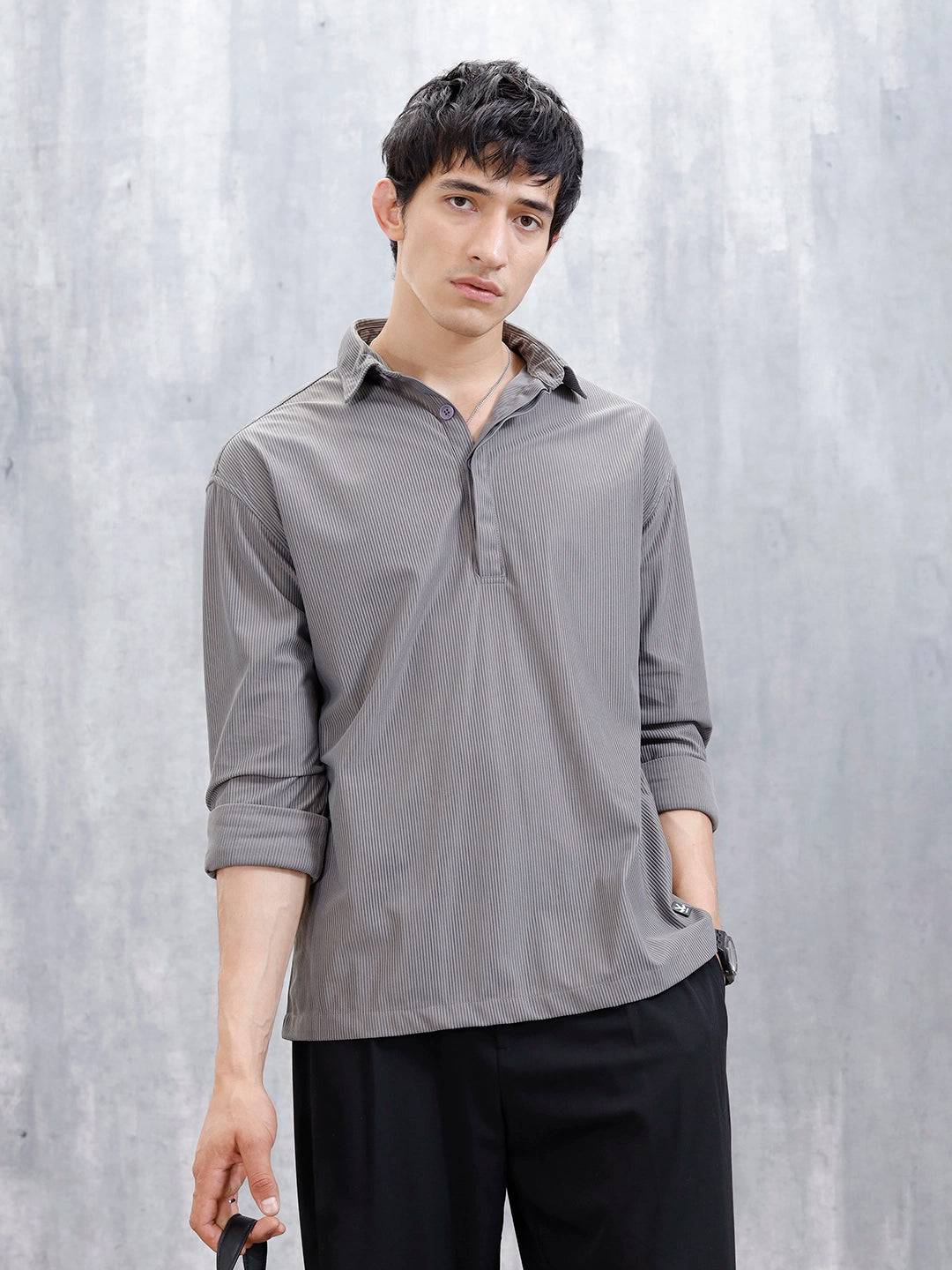 Oversized Textured Polo T-Shirt For Men's | Grey