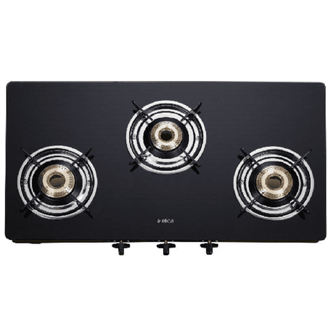 Elica Cooktop, 7033 CT VETRO, 3 Burner 70 cm Glass Top Brass Burners Same size 3 Manual Gas Stove, Rectangle (Black) Buy at only ₹3749