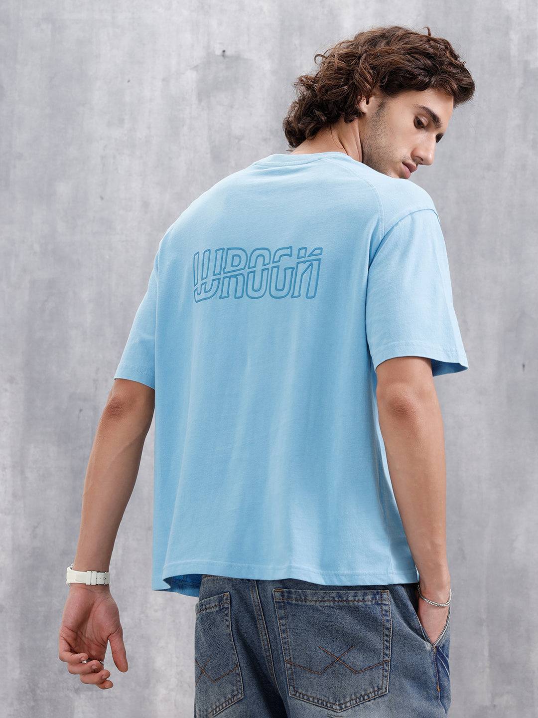 Oversized Crew Neck T-Shirt With Puff Print | Light Blue