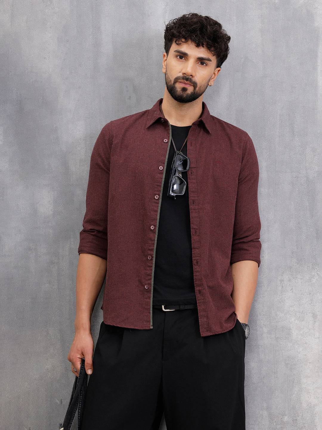 Melange Fabric Smart Shirt In Slim Fit | Maroon