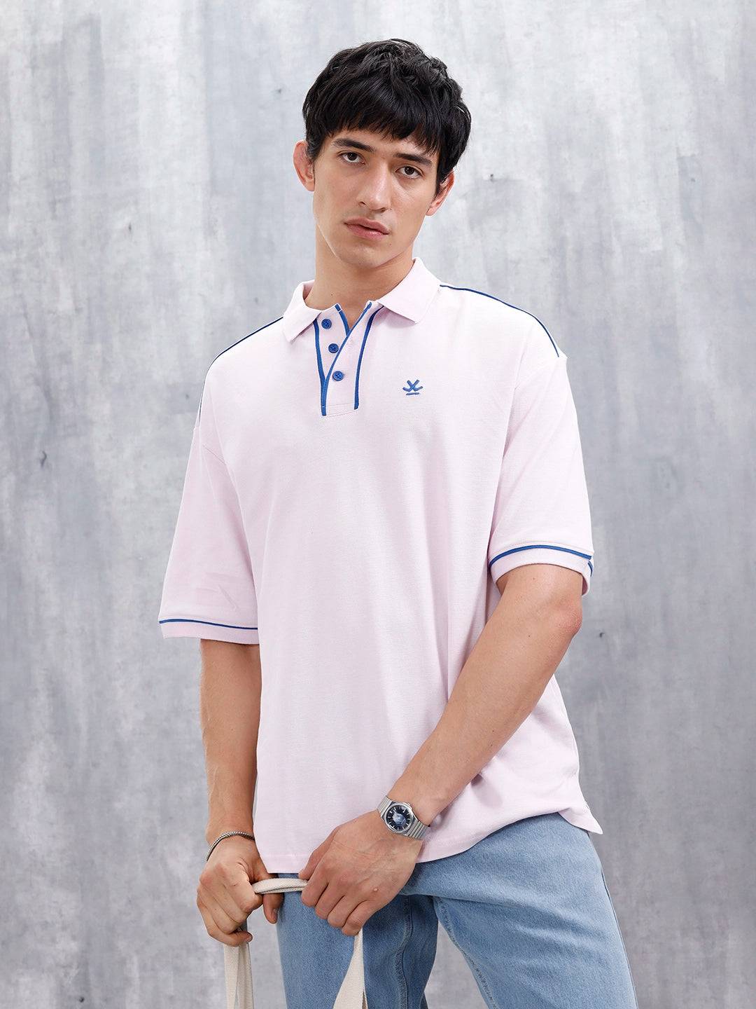 Oversized Polo T-Shirt With Contrast Trim Details | Pink