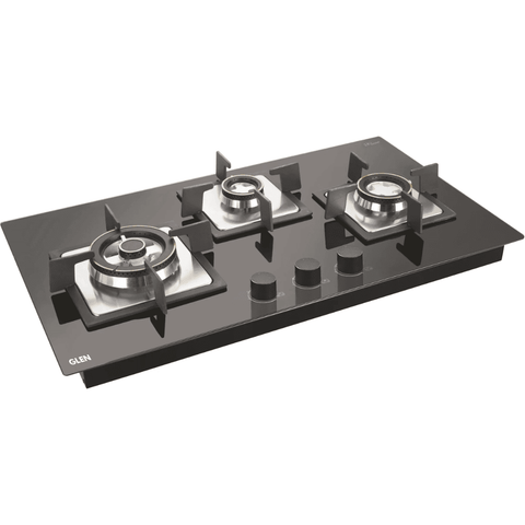 Glen Hob 1073 SQ HT DB, 3 burner 73 cm Auto Ignition Glass Stainless Steel Double Ring Forged Brass Burners 1 Medium +1 Small + 1 High Gas Stove (Black) Buy at only ₹18499