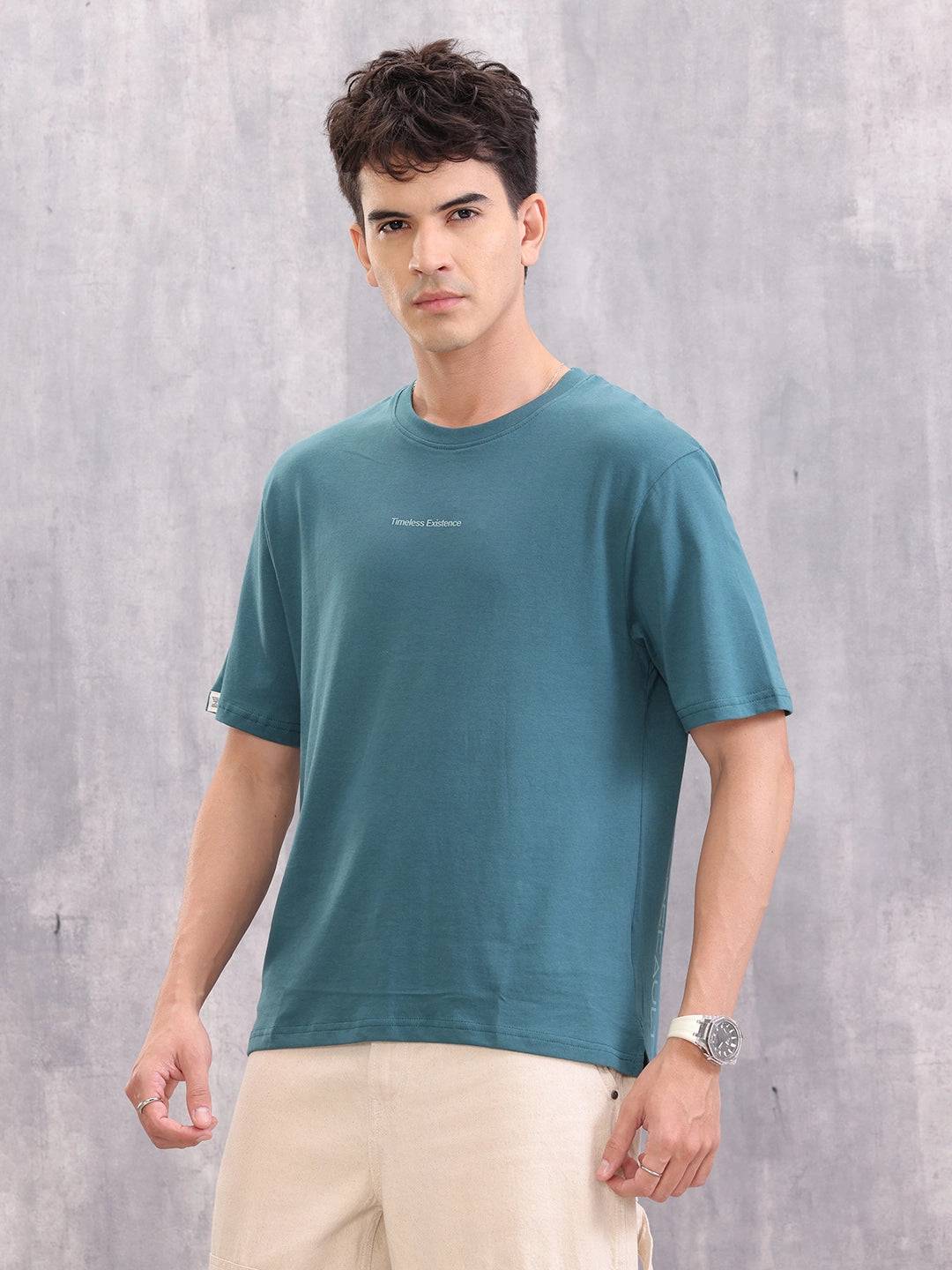 Typo Print Comfort Fit T-Shirt With High-Low Hem | Teal