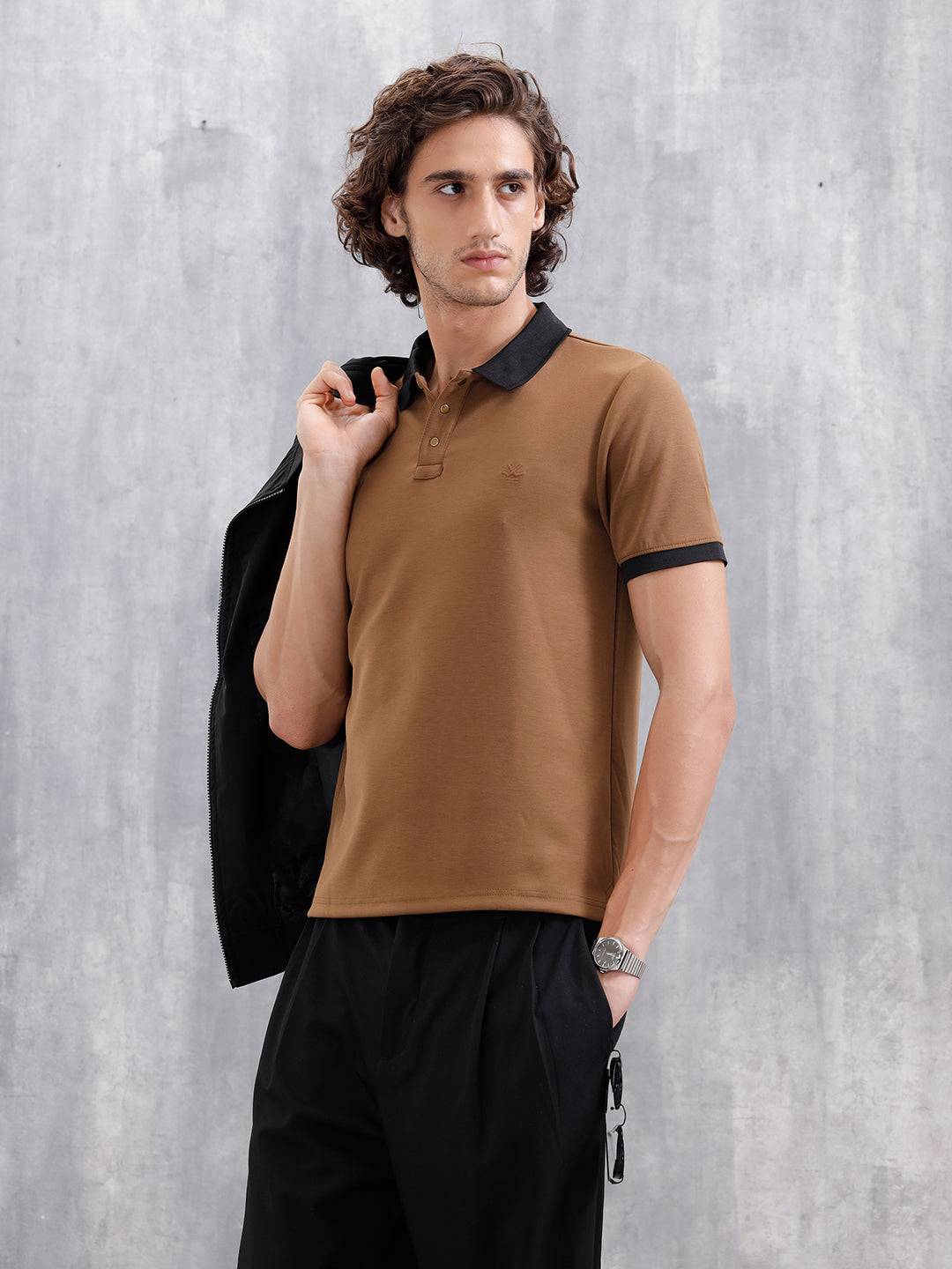 Men Slim Fit Polo Collar T-Shirt With Contrast Collar | Brown