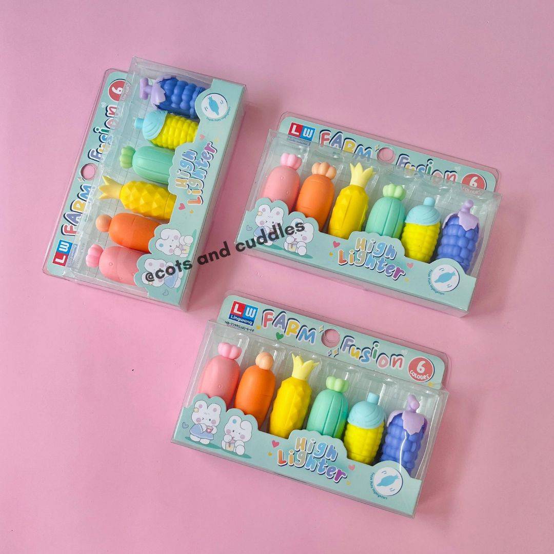 6 Cute Fruit & Veggie Designs Highlighter Set Buy @ ₹249