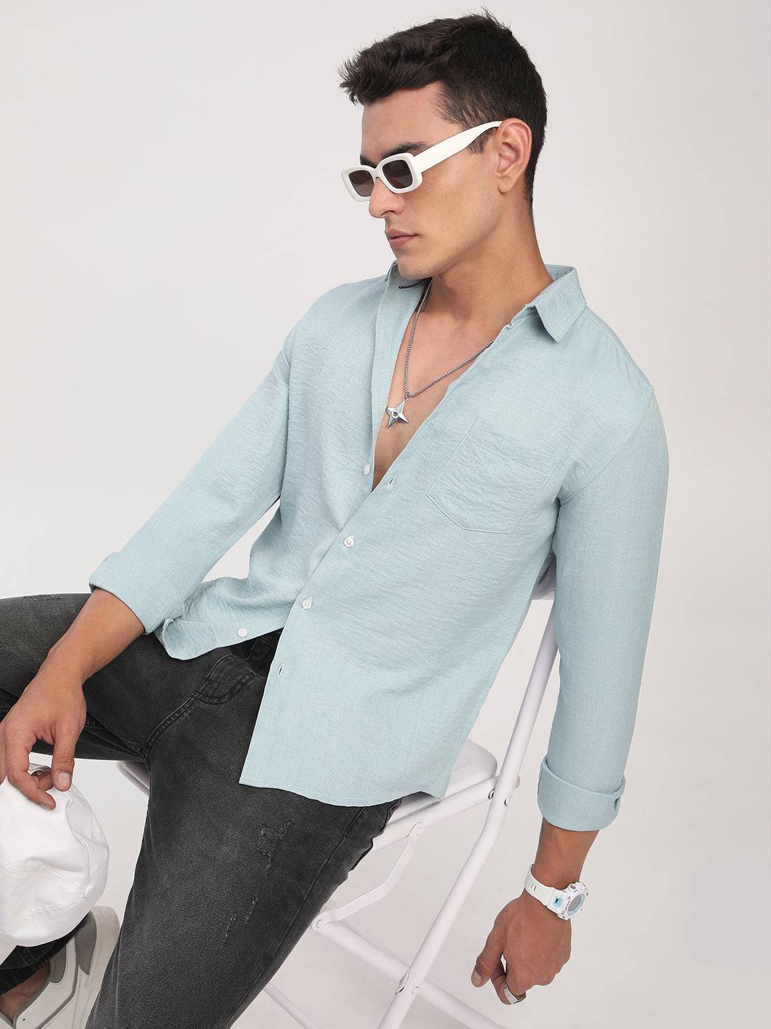 Pewter Blue Minimalist Crinkled Shirt Buy only at ₹659