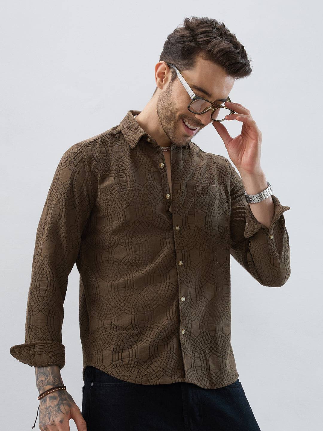 Interweave Mocha Brown Crochet Shirt Buy only at ₹699