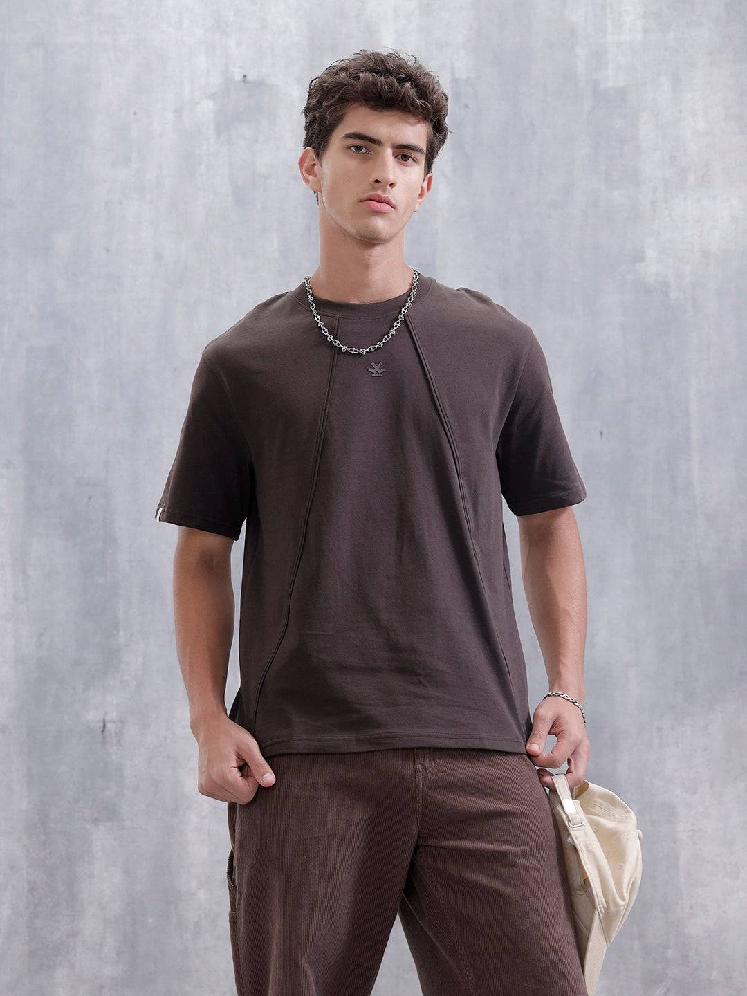 Men Solid Comfort Fit Tshirt With Pipping Detail | Dark Brown