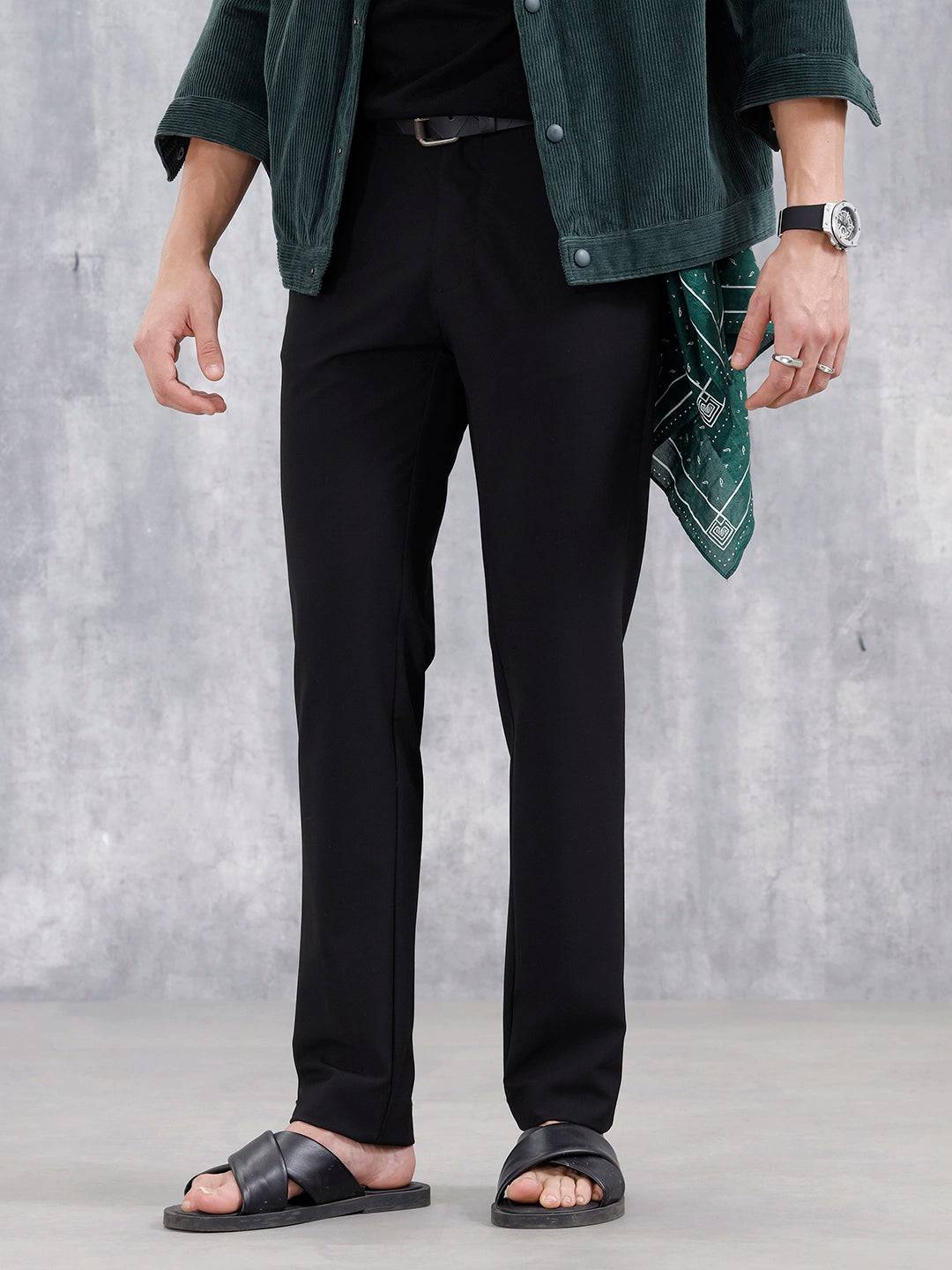 Slim Fit Poly Viscose Lycra Trousers | Black