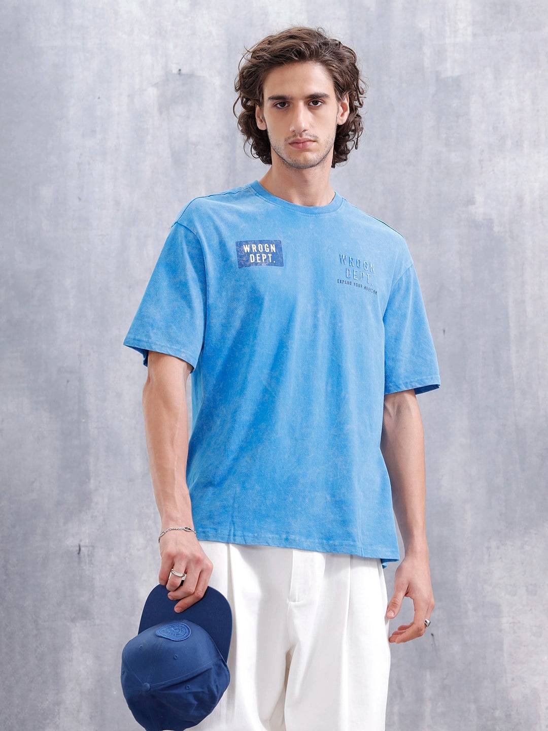 Washed Oversized Crew Neck Tshirt With Print | Blue