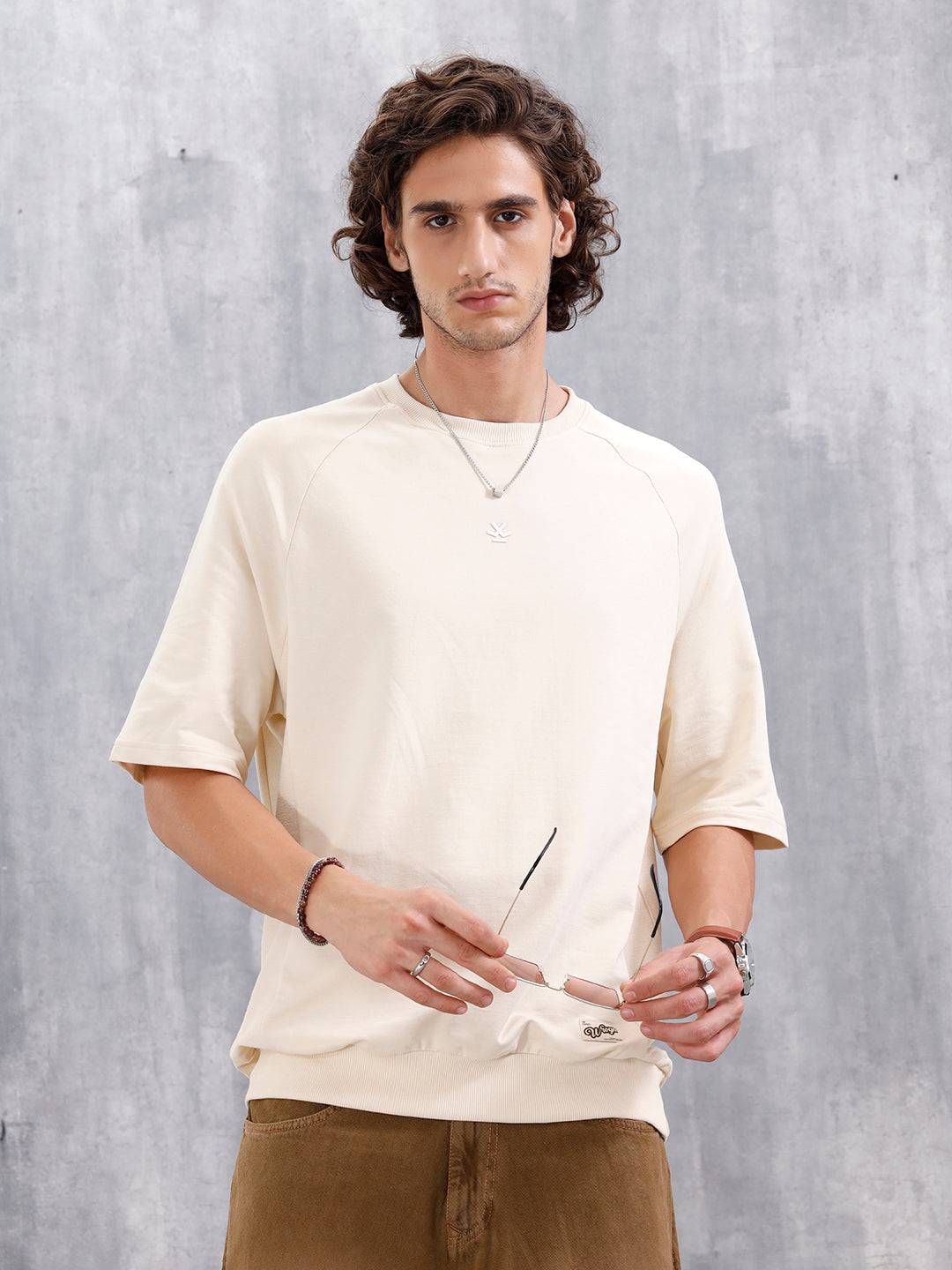 Solid Oversized Crew Neck T-shirt | Beige