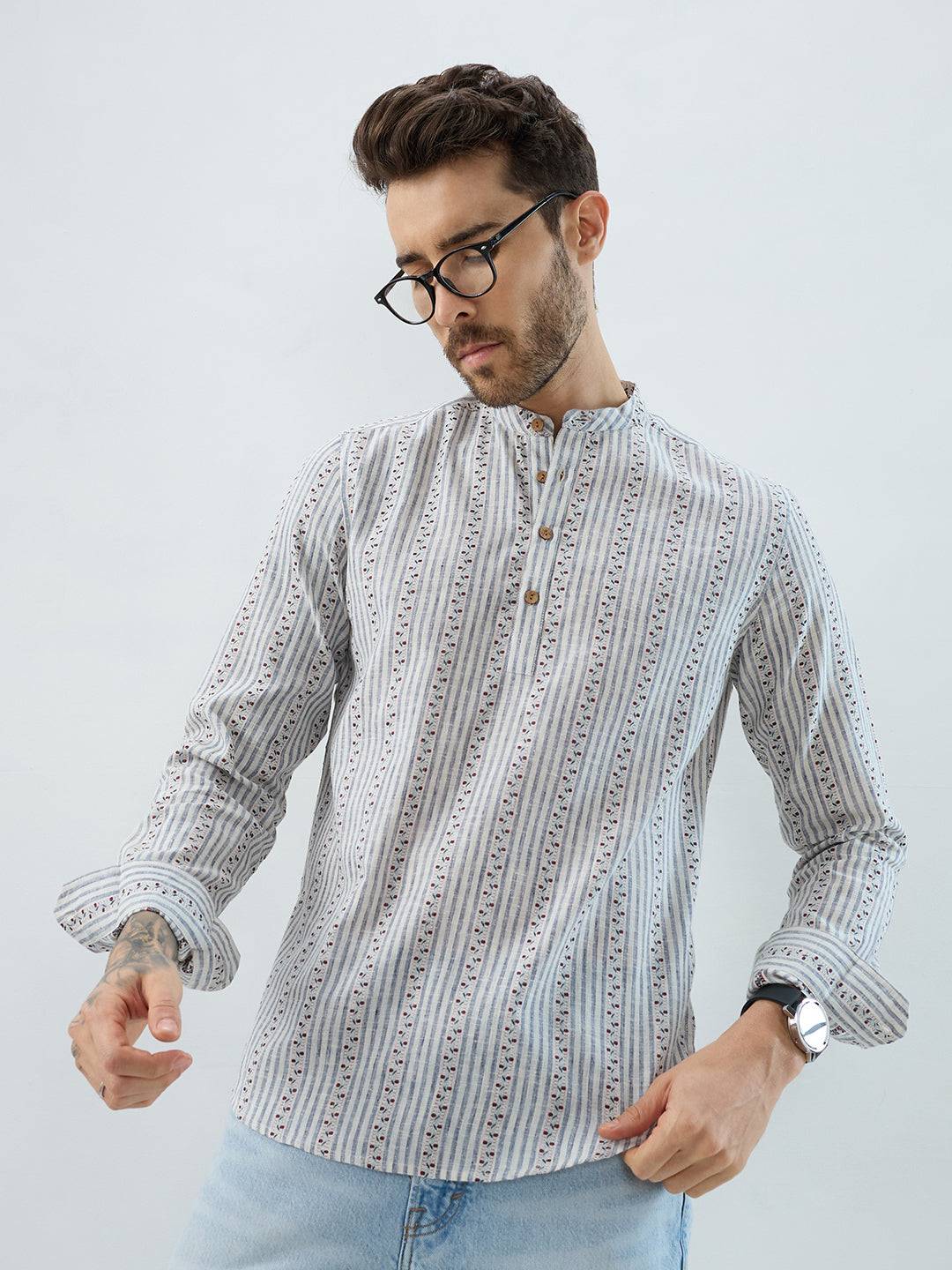 Coastal Mist Linen Blend Striped Kurta Buy only at ₹759