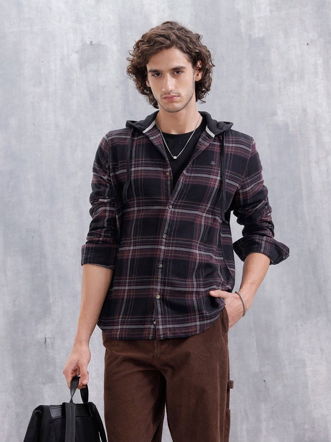 Brushed Flannel Hooded Slim Fit Check Shirt | Black