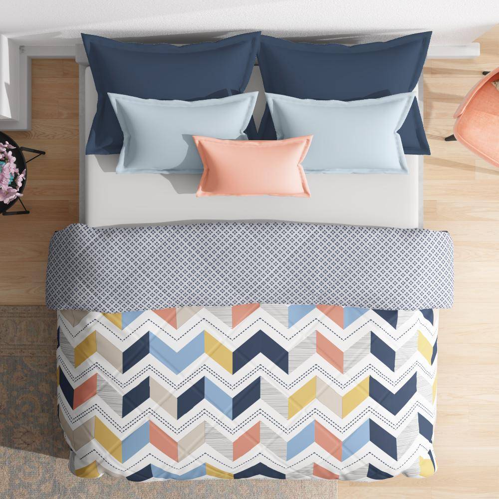 Luxurious Comforter | Double Bed (100x90 Inch) | 100% Cotton Fabric | 220 GSM | Siliconised Microfiber Filling | All Season & Reversible | Dark Blue & Yellow