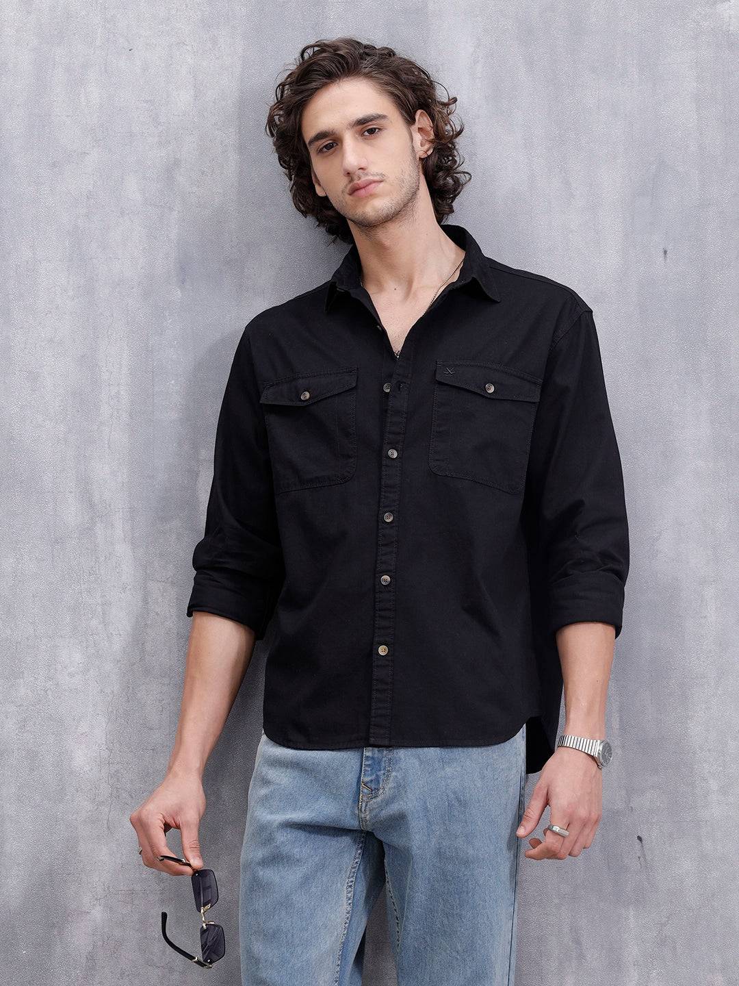 Comfort Fit Double Pocket Solid Shirt | Black