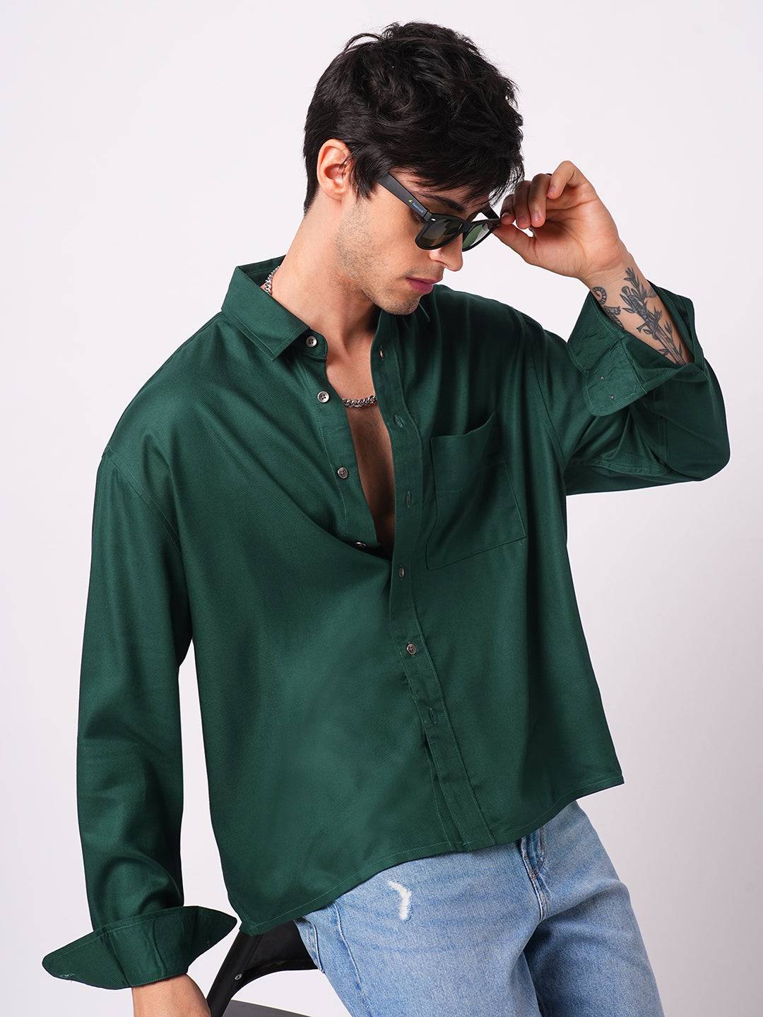 Solid Sacramento Green Boxy Fit Crop Shirt Buy only at ₹659