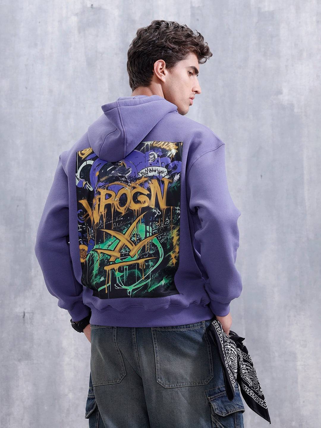 Graffiti Patch Oversized Brushed Fleece Hoodie | Purple