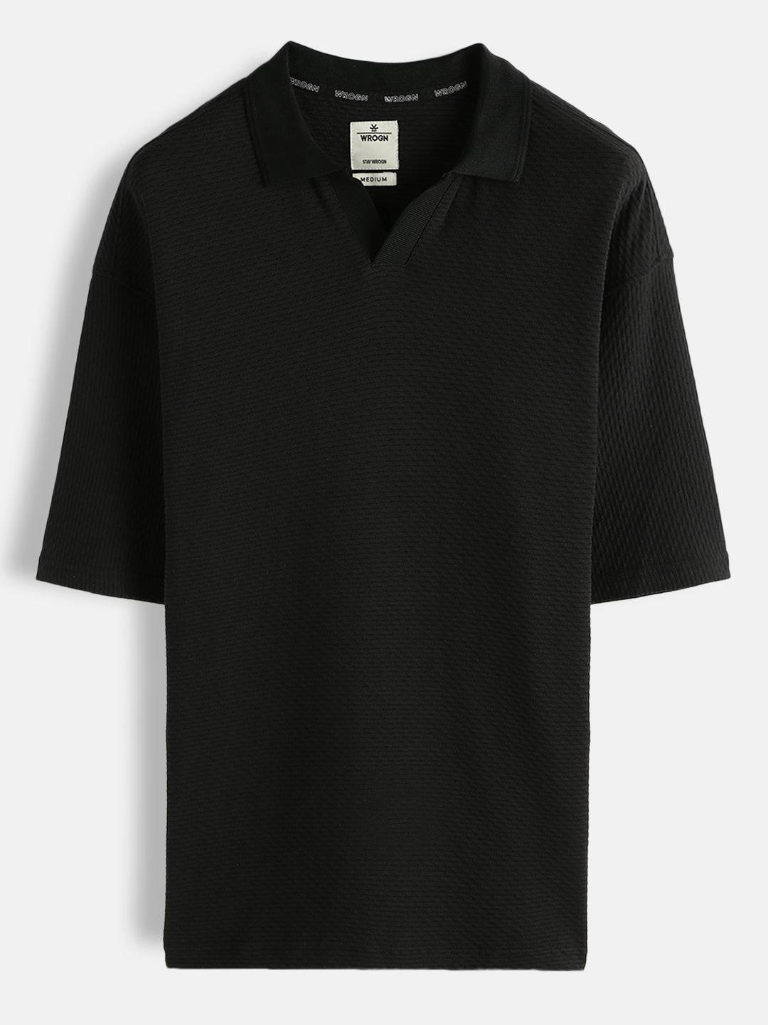Solid Textured Oversized Polo T-Shirt | Black