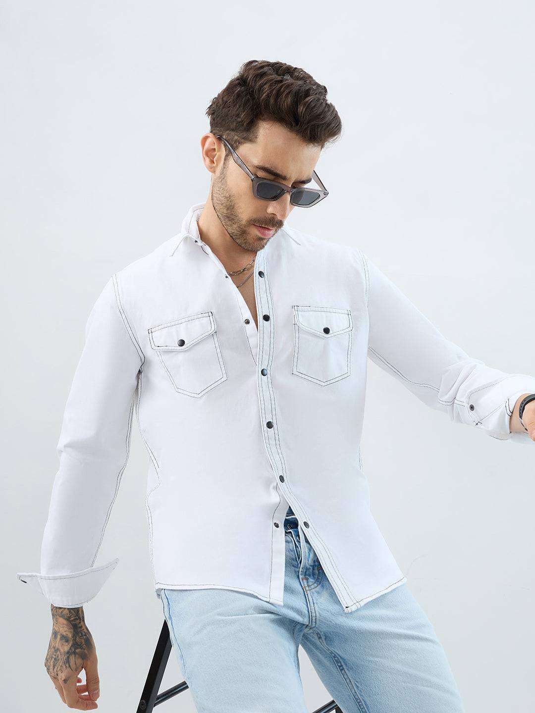 White Contrast Stitch Double Pocket Overshirt Buy only at ₹759