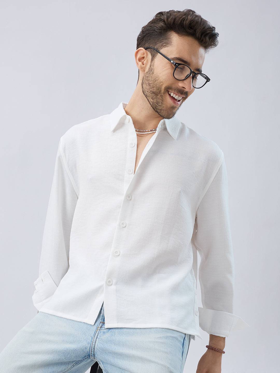 Snow White Side Slit Button Slub Textured Oversized Crop Shirt Buy only at ₹759