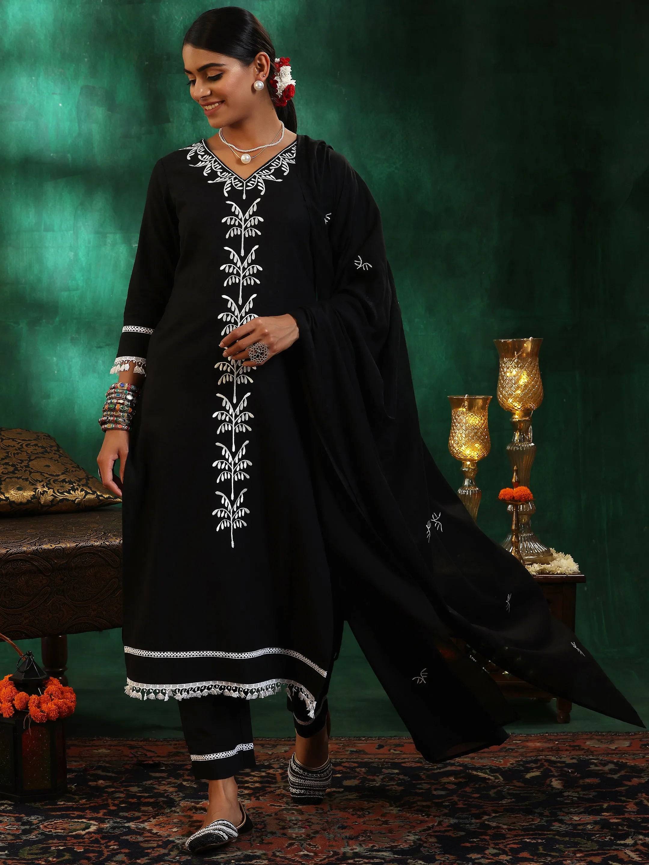 Black Embroidered Cotton Straight Suit ... Buy only at ₹4499