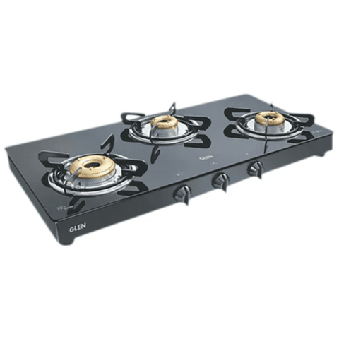 Glen Cooktop, 1033 GT XL FB DD BLK, 3 Burner 77 cm Manual Ignition Glass Top Brass Burners 1 High Flame +1 Big + 1 Small Gas Stove (Black) Buy only at ₹7490