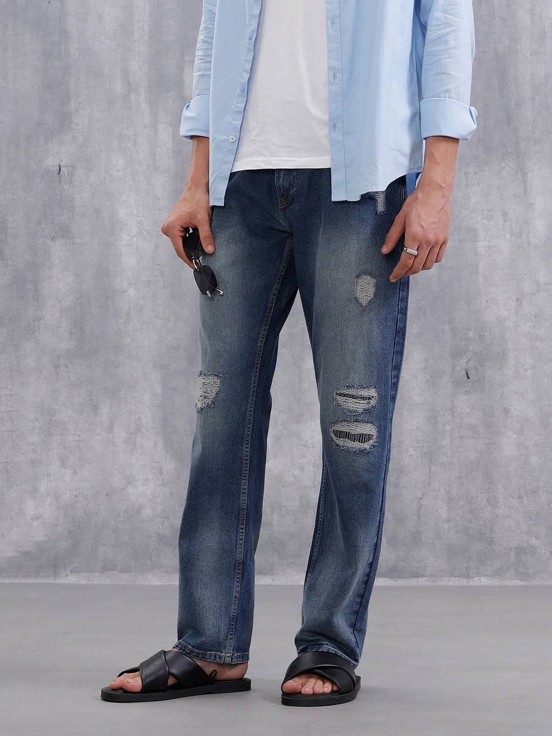 Solid Anti Fit Distressed Jeans | Blue