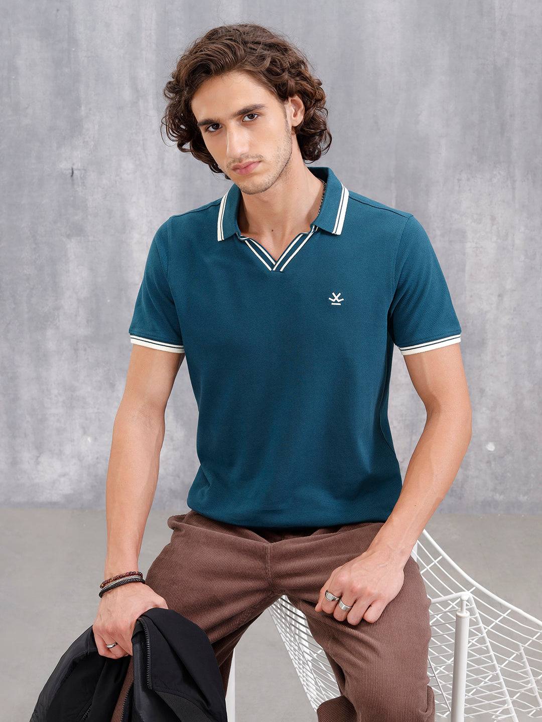 Contrast Tipped Johnny Collar Slim Fit Polo | Teal