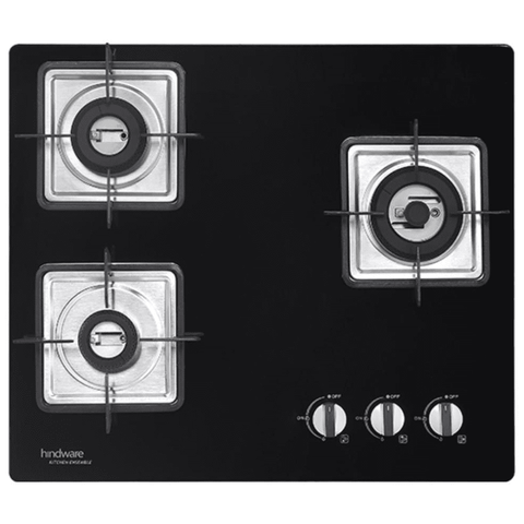 Hindware Hob, ROSIA 3B 60CM, 3 Burner 60 cm Auto Ignition Glass Top Stainless Steel Burners 2 Medium + 1 Small Gas Stove (Black) Buy only at ₹20990