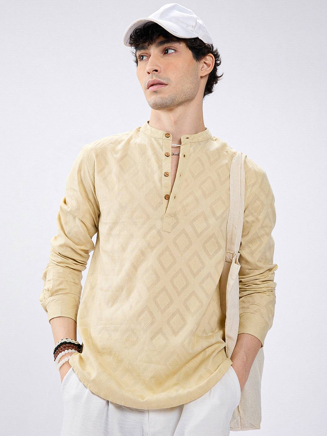 Soft Pale Yellow Diamond Woven Jacquard Kurta Buy only at ₹699
